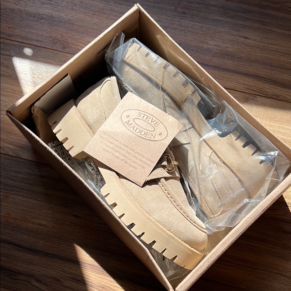 Tan Platform Loafers with Buckle Detail
